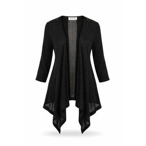 August Silk Black Open Front Asymmetrical Knit Cardigan Mesh Panels M